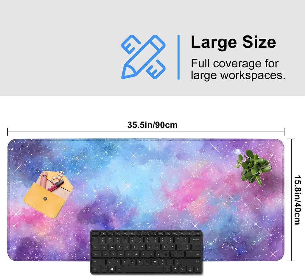 Galaxy Mouse Pad Large, Extended Gaming Desk Mat – 335.43 x 15.75 in – Watercolor Nebula Starry Sky Design, Stitched Edges, Non-Slip Base, Keyboard and Mouse Pad for Office & Home