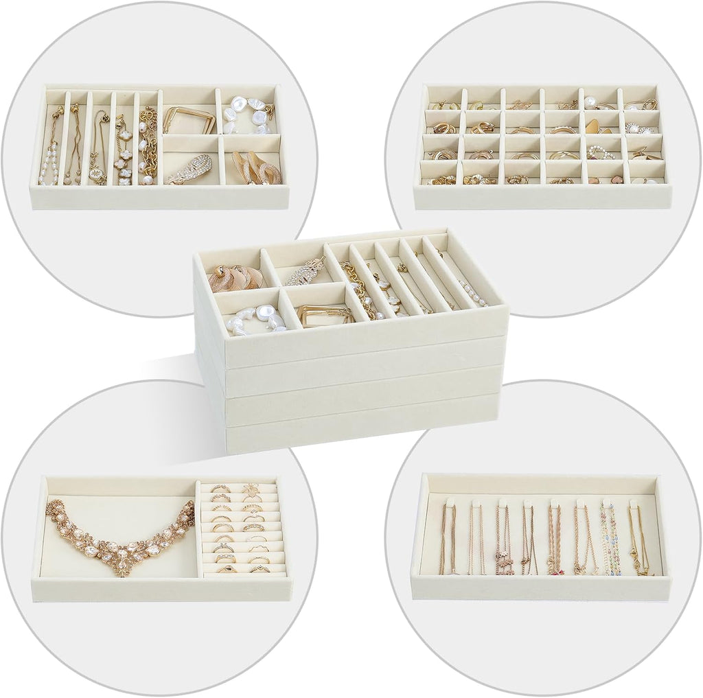 ProCase Stackable Jewelry Organizer Trays for Drawers, Jewelry Drawer Inserts Container Display Case Storage for Earring Necklace Rings Bracelet with Removable Dividers -Beige, 4 Layers