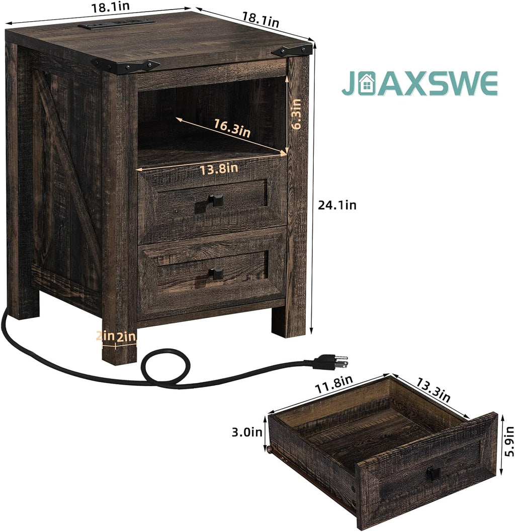 Nightstands Set of 2 with Charging Station, Farmhouse Night Stand with 2 Drawers and Shelf Storage, Wooden Side End Table, Bedside Cabinet for Bedroom, Living Room, Closet,Office (Dark Drey)