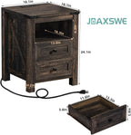 Nightstand with Charging Station and USB Port, Farmhouse Side End Table with 2 Drawers and Shelf Storage, Wooden Sofa Table, Bedside Cabinet for Bedroom, Living Room, Closet, Office (Dark Oak)