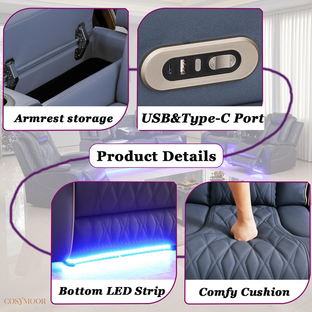 Power Recliner Sofa Set with LED, 3 Pieces Sectional Couch, Sandad Leather Living Room Furniture Sets, Modern Power Reclining Couch Leather Sofa with USB Ports/Cup Holders/Armrest Storage