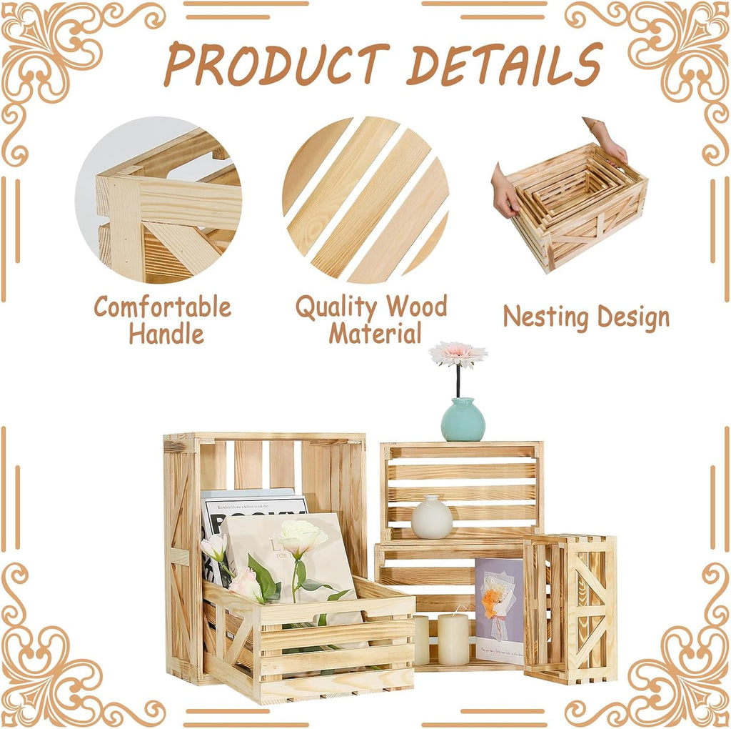 5 Pcs Decorative Wooden Crates for Display, Wood Storage Crate for Home Rustic Nested Crates with Handles, Farmhouse Wooden Basket for Storage Container and Decorations