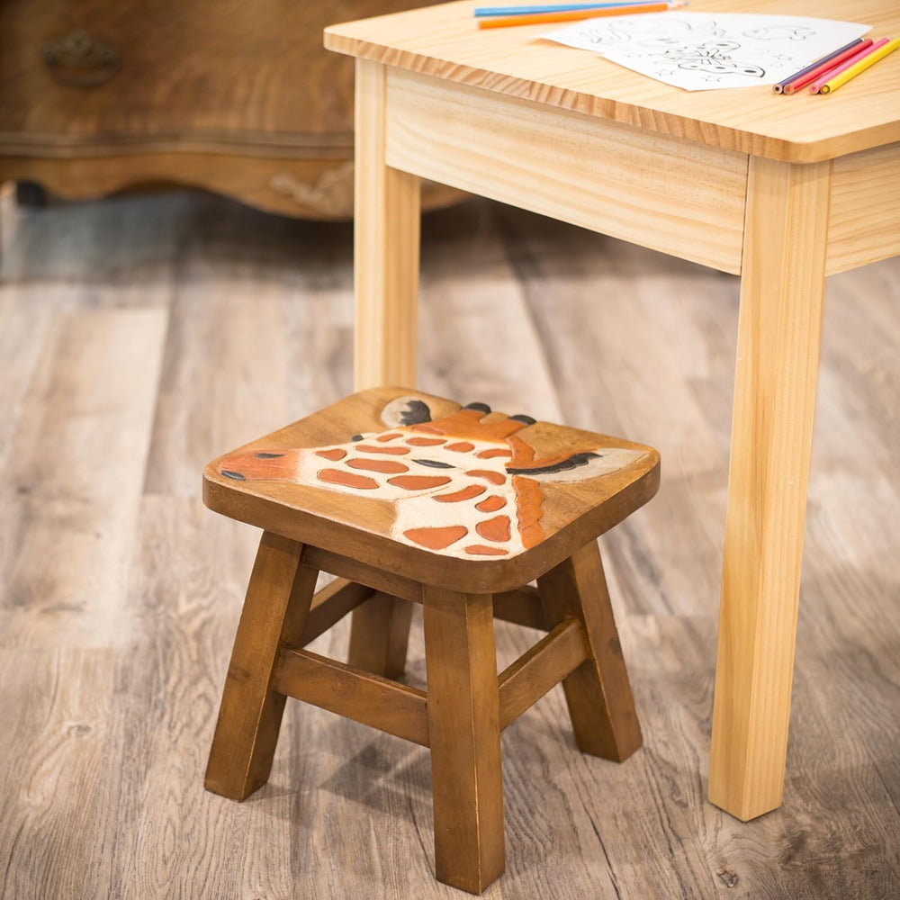 OMA Giraffe Design Wooden Stool End Table – Hand Crafted Animal Stool for Saf...