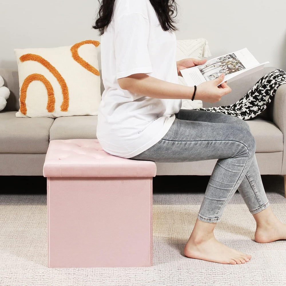B FSOBEIIALEO Storage Ottoman Cube, Velvet Tufted Folding Ottomans with Lid, ...