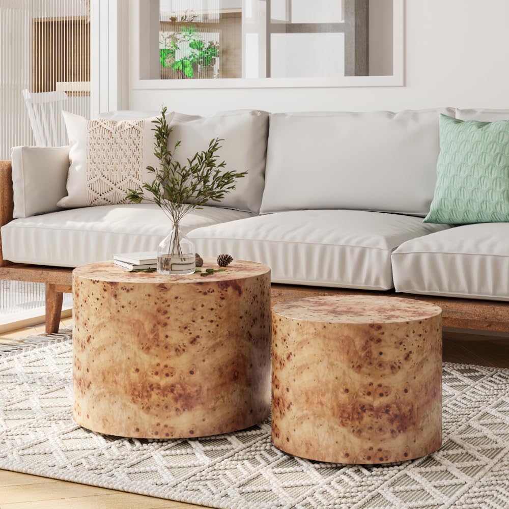 Nesting Coffee Table Set of 2, Modern Round Coffee Table (Natural Wood + Soli...