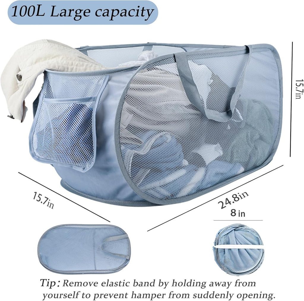 Extra Large Mesh Pop Up Laundry Hamper 2 Pack, 100L Foldable Laundry Baskets, Dirty Clothes Hamper with Pocket, Collapsible Hampers for Travel, Nursery, Dorm or Home. Grey 2H