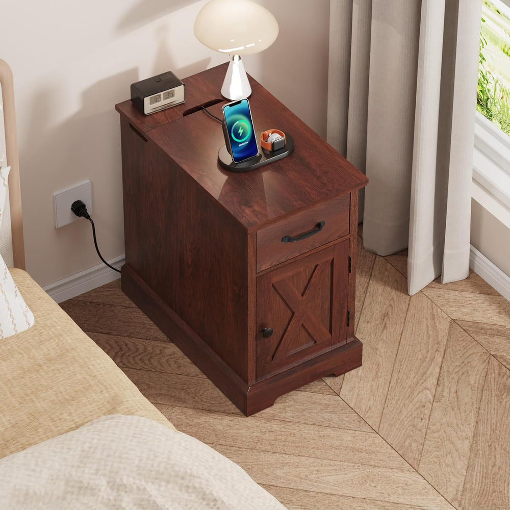 HOMMPA 23.6'' Farmhouse Narrow End Table w/Charging Station Rustic Ch...