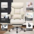 COMHOMA Big and Tall Office Chair 400lbs High Back Leather Executive Chair with Ergonomic Lumbar Support & Pocket Spring Cushion for Lower Back Pain Relief, Computer Gaming Chair with Foot Rest, Beige