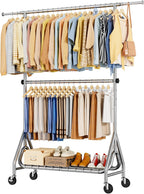Double Rods Clothing Rack, Heavy Duty Clothes Rack for Hanging Clothes Load 560LBS, Metal Rolling Garment Racks with Wheels, Freestanding Clothes Hanging Racks, Silver