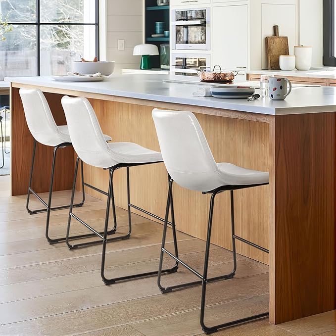 LEMBERI 26 inch Bar Stools Set of 4, Modern Counter Height Bar Stools, Faux Leather Barstool with Back and Metal Leg, Armless Bar Chairs for Kitchen Island (White, 4pcs 26")