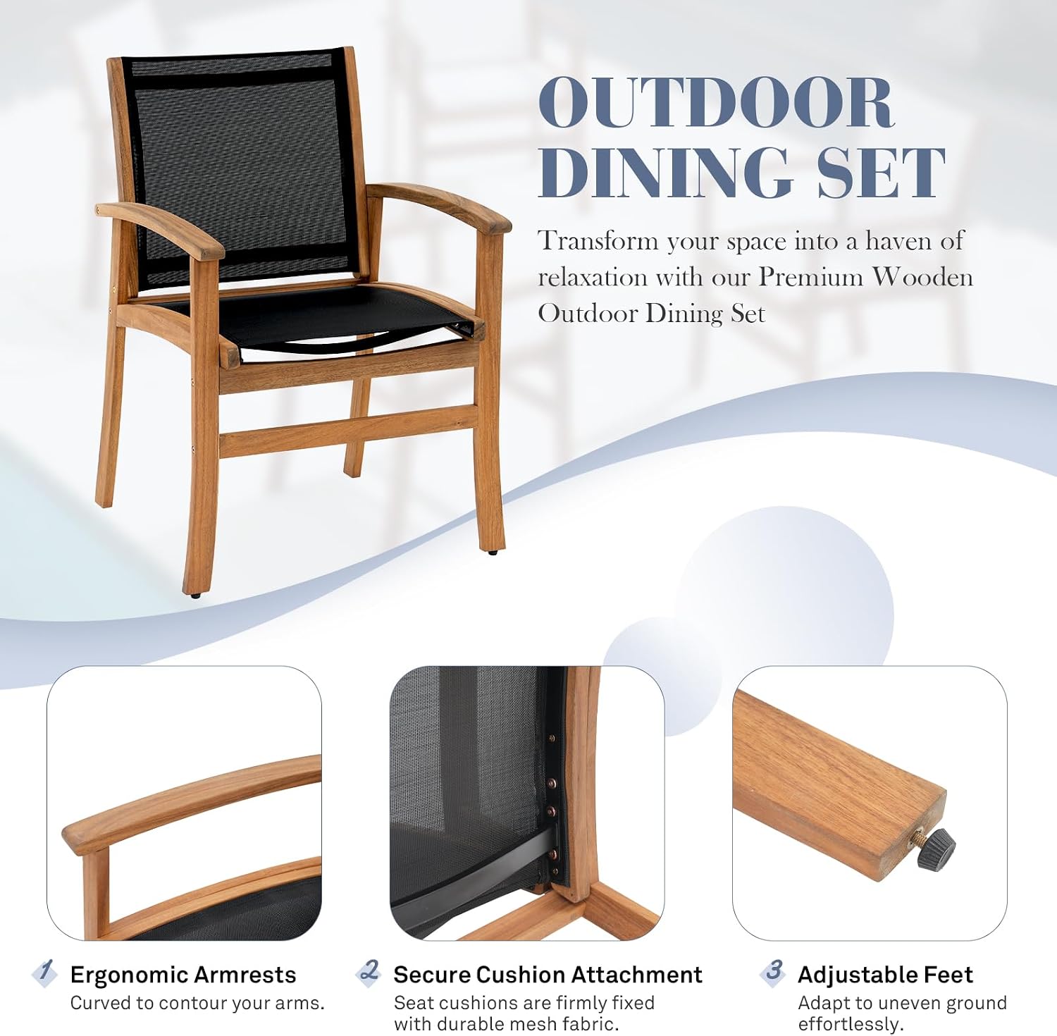 OC Orange-Casual Acacia Wood Patio Dining Chairs Set (Black, 8 Pieces) | Outdoor Chair Set with Breathable Textilene Fabric, Metal Support Bars, Curved Armrest, Supports 350lbs For Lawn, Garden