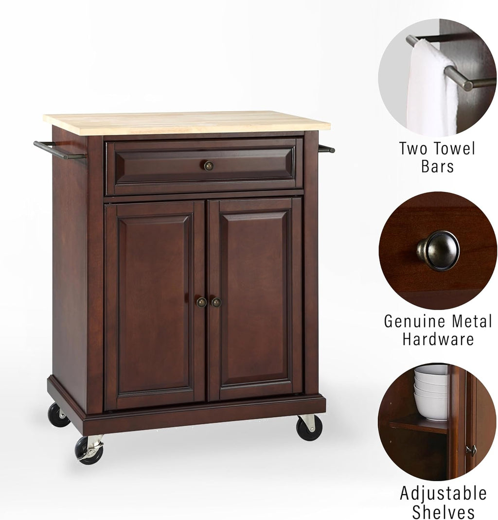 Crosley Furniture Compact Wood Top Small Rolling Cart with Shelves, Microwave Stand with Towel Rack, Mahogany