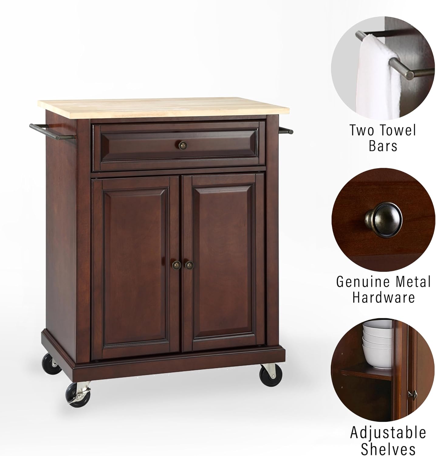 Crosley Furniture Compact Wood Top Small Rolling Cart with Shelves, Microwave Stand with Towel Rack, Mahogany