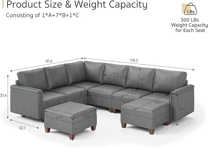 SITJOY 118" Faux Leather Modular Sectional Sofa with Storage, Mid Century Modern Sectional Couches for Living Room, 6 Seater V Shaped Couch with Chaise, Gray