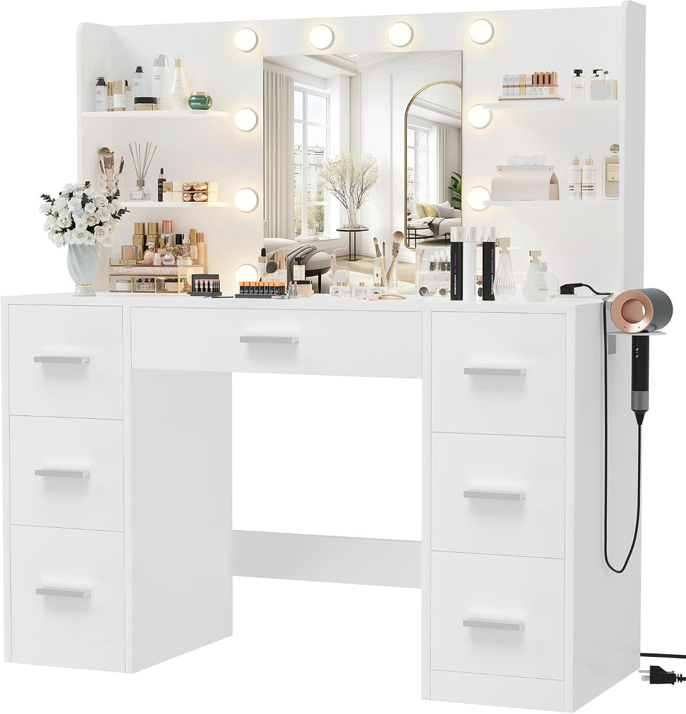 Furmax Vanity Desk with LED Mirror,Power Outlet,7 Drawers Makeup Table | LED ...
