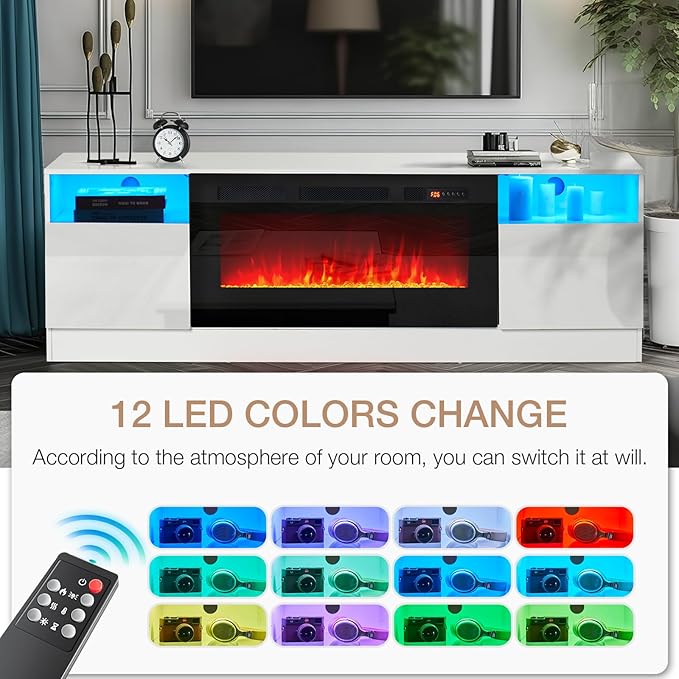 oneinmil Fireplace TV Stand with 36" Electric Fireplace, LED Light Entertainment Center, Modern Wood Texture Highlight Storage Cabinet for TVs Up to 80", 70 inches,White