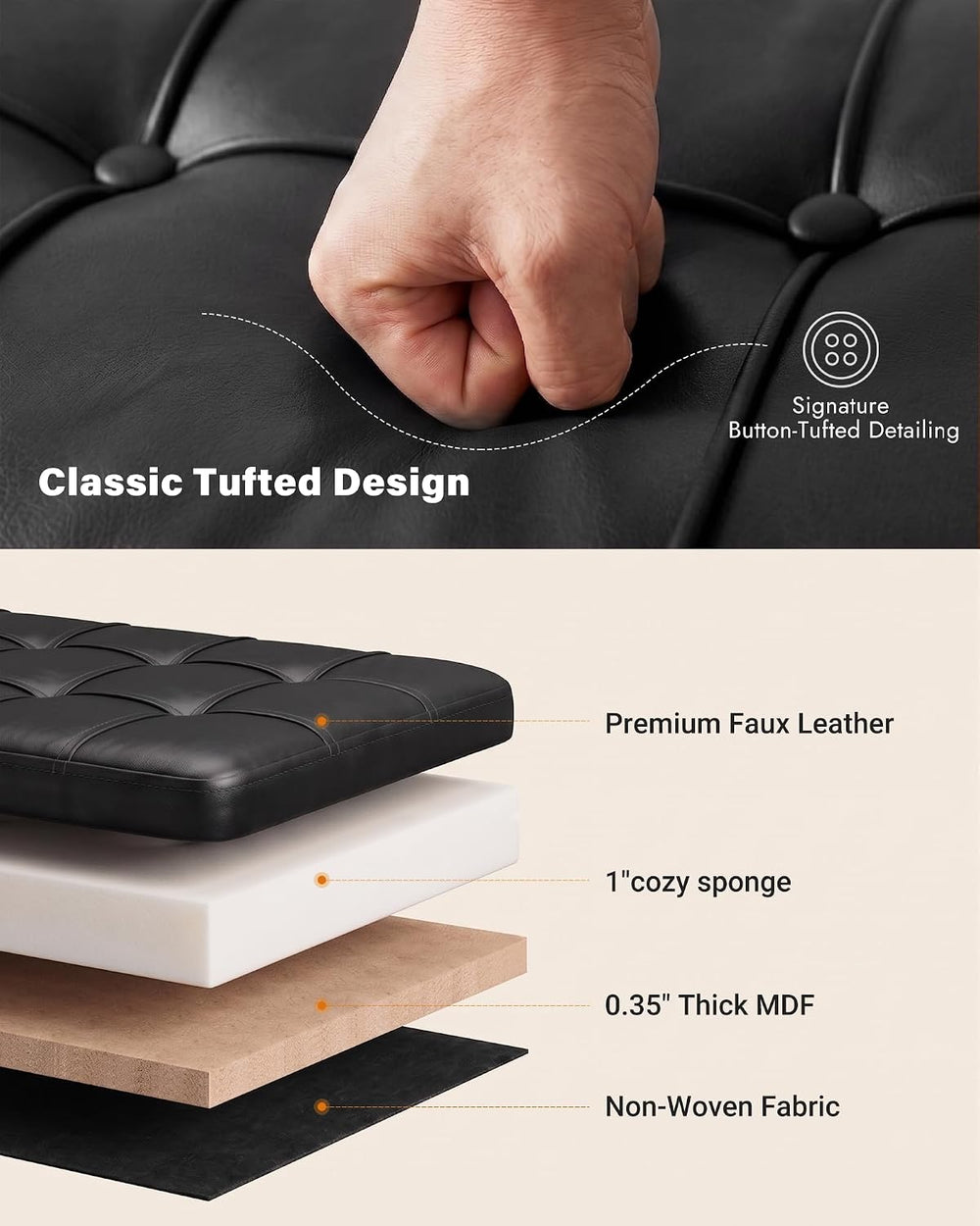 Storage Ottoman Bench, 43.7" PU Leather End of Bed Bench Black | Bench w...