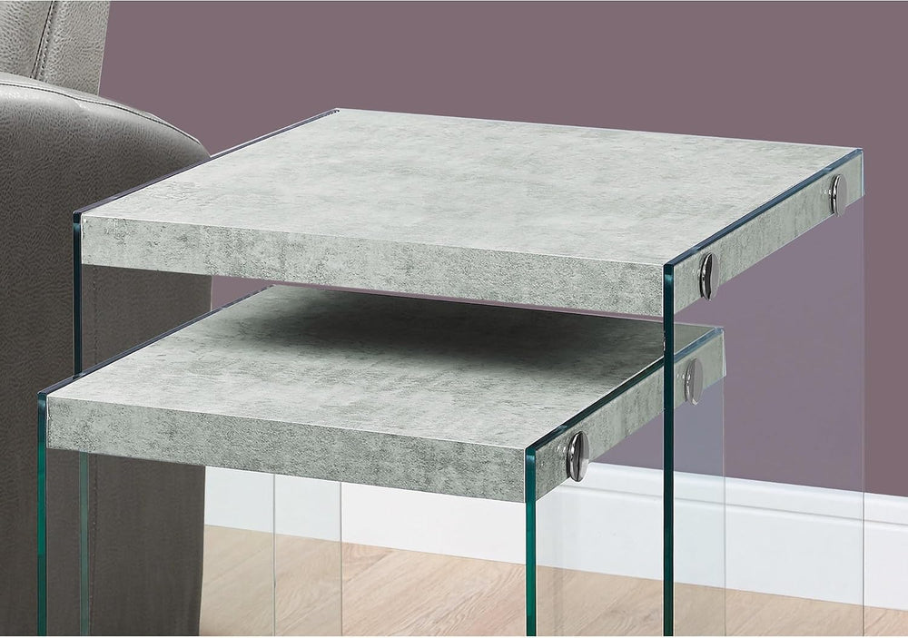 Monarch Specialties ,Nesting Table, Tempered Glass, Grey Cement