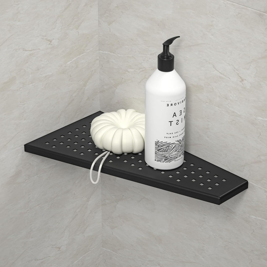Corner Shower Shelf, Matte Black 12" Trapezoid Grout in Shampoo Shelf, 304 Stainless Steel Grid Design Recessed Bathroom Shelf for Tiled Wall