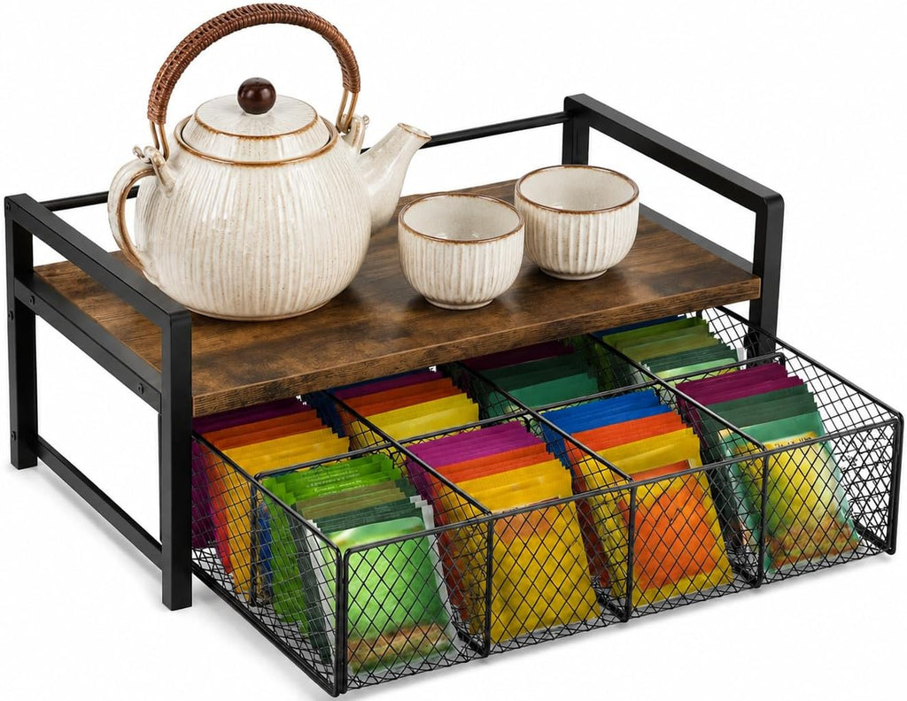 Wood & Matte Black Metal Tea Bag Organizer with Drawer, 8 Compartments Tea Storage Holder with Top Tray, Multi-Purpose Countertop Caddy for Tea Bags, Coffee Pods & Spices