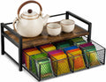 Wood & Matte Black Metal Tea Bag Organizer with Drawer, 8 Compartments Tea Storage Holder with Top Tray, Multi-Purpose Countertop Caddy for Tea Bags, Coffee Pods & Spices