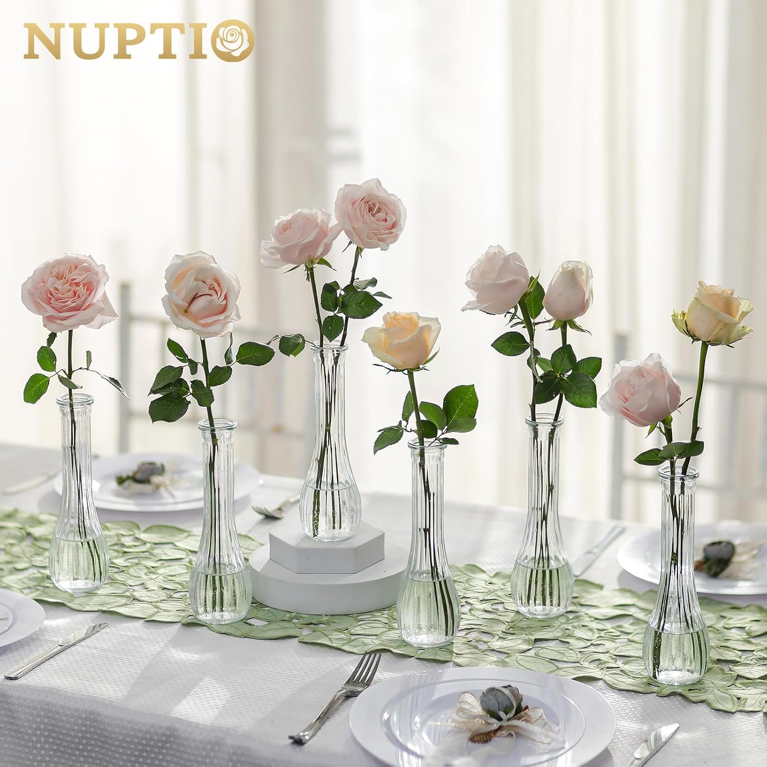 NUPTIO Glass Bud Vases Centerpiece Bulk, 8.5" Tall, Clear, Set of 3 | Cute Ribbed Flower Vase, for Wedding, Birthday, Party, Events, Home, Table Decor