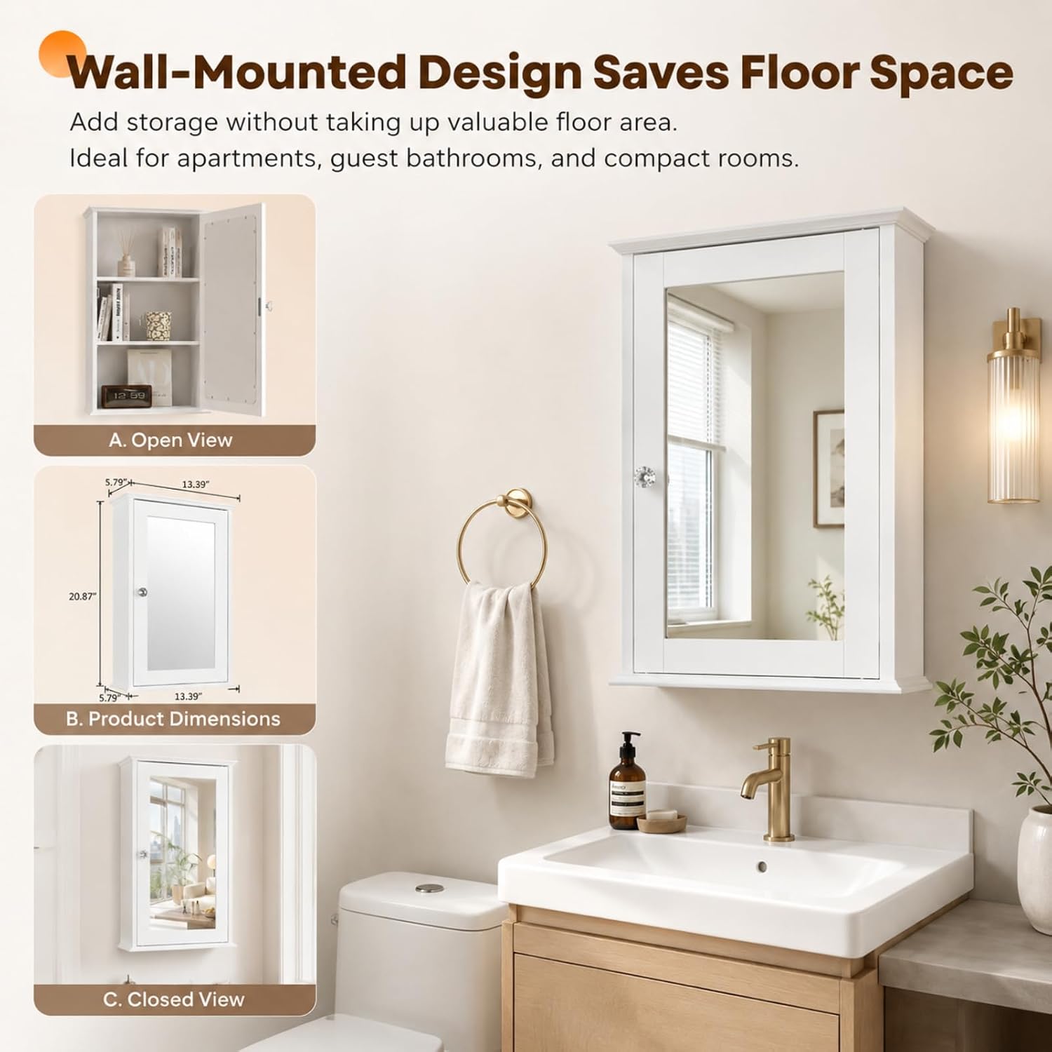 Bonnlo White Mirrored Medicine Cabinet, Wall Mounted Bathroom Storage Cabinet with Mirror Door, Adjustable Shelves & Magnetic Closure, Small Bathroom Organizer for Over Toilet or Sink
