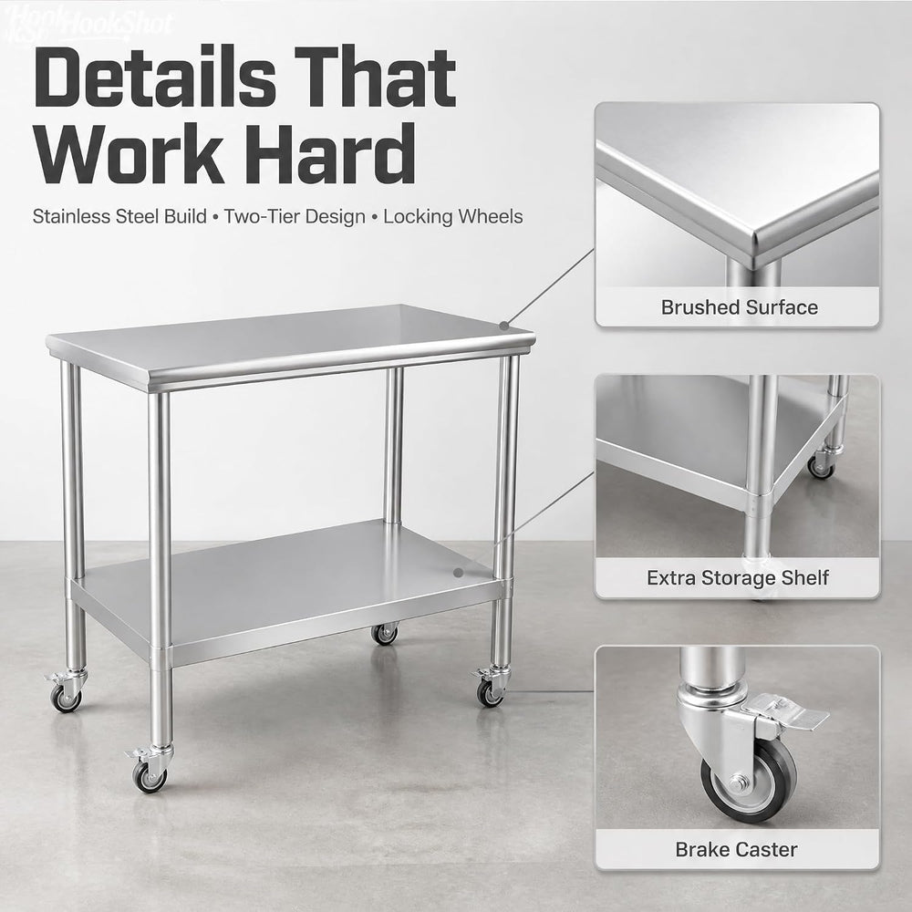 24x48 Stainless Steel Prep Table with Wheels, 1000 lbs, Kitchen, BBQ | Thicke...