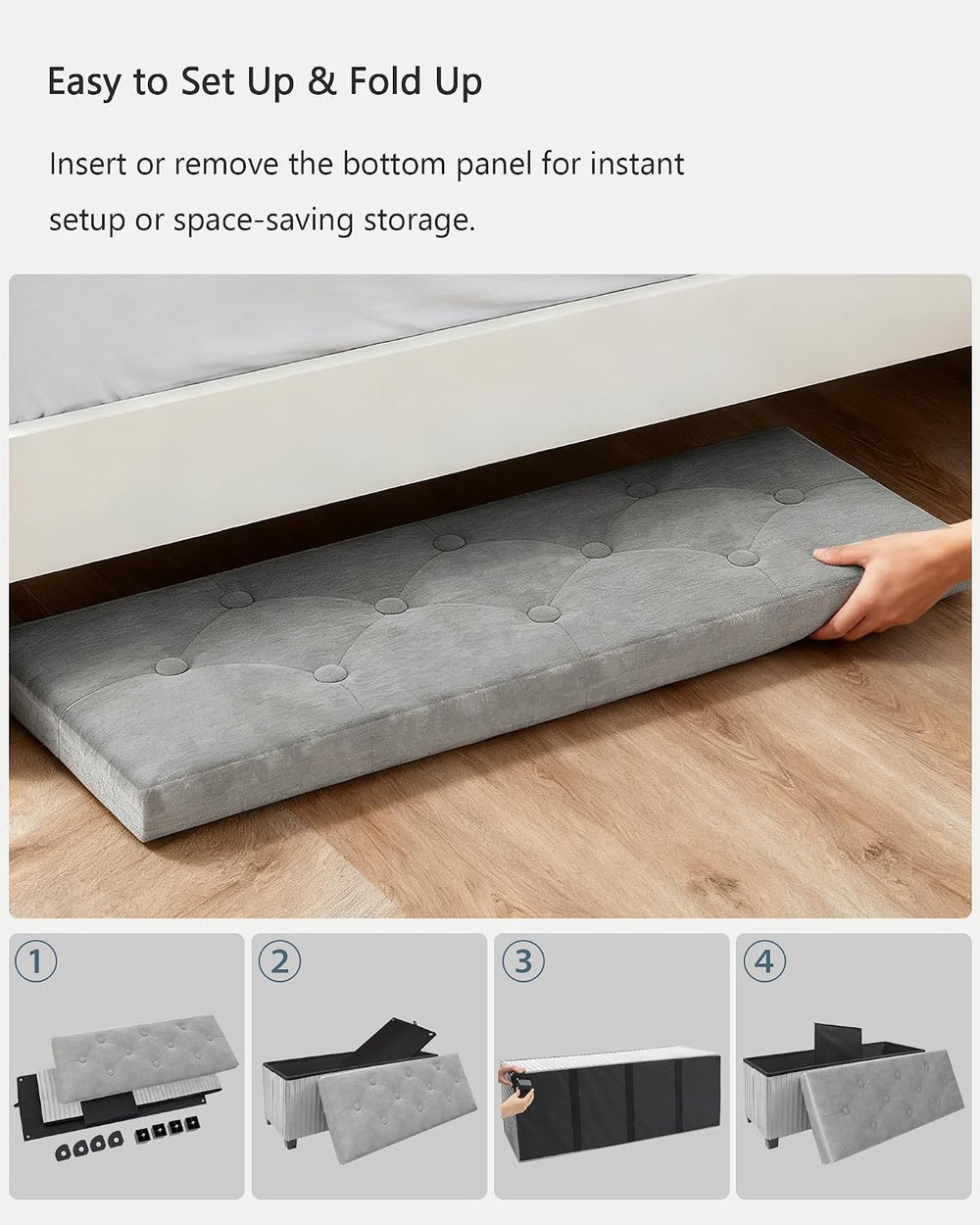 LITZFUR 43 Inches Storage Ottoman Bench, Velvet Foot Rest Stool, Grey | Foldi...