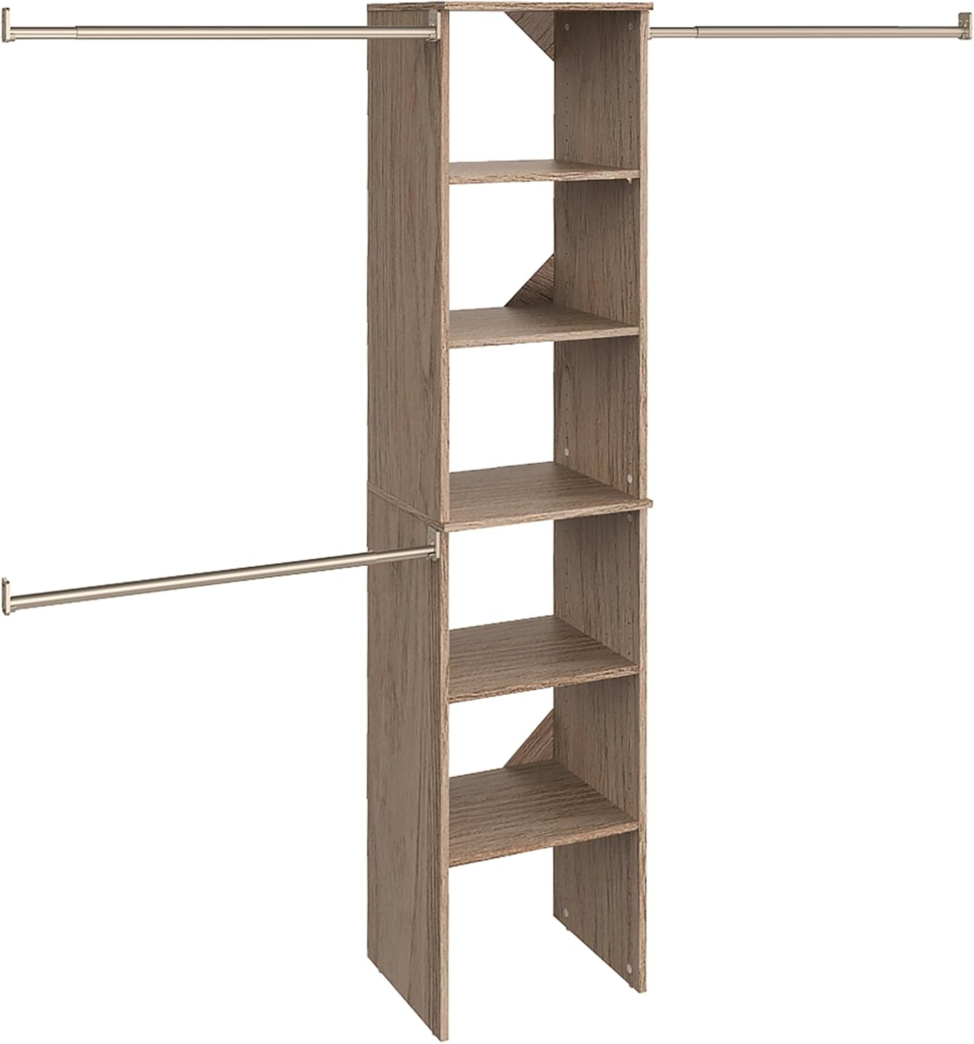 ClosetMaid SuiteSymphony Wood Closet Organizer Starter Kit with Tower and 3 Hang Rods, Shelves, Adjustable, Fits Spaces 4 – 9 ft. Wide, Natural Gray
