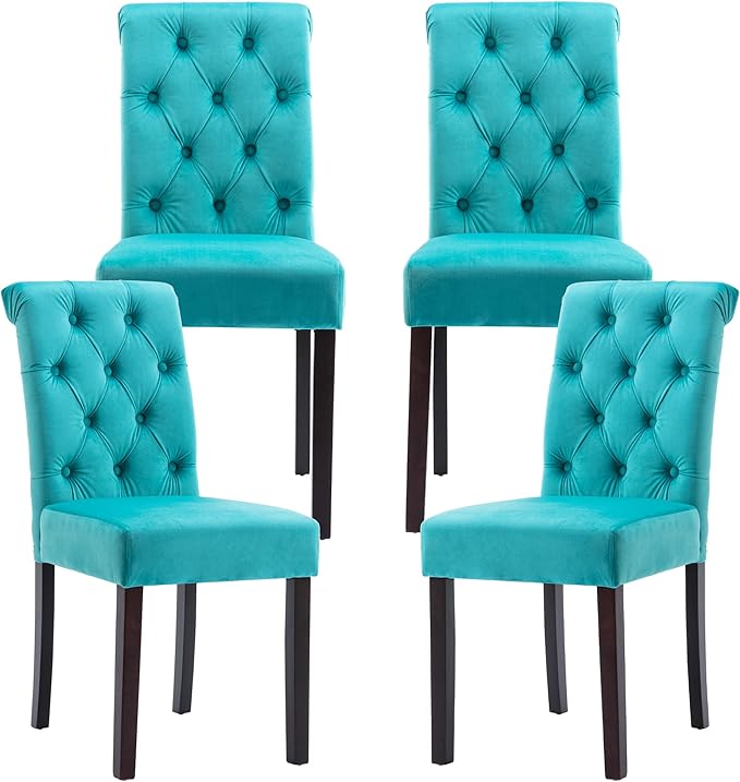 Velvet Dining Chairs Set of 4 Upholstered Dining Room Chairs Modern Tufted Accent Chairs Wooden Parsons Side Chairs for Home Kitchen Restaurant, Cyan