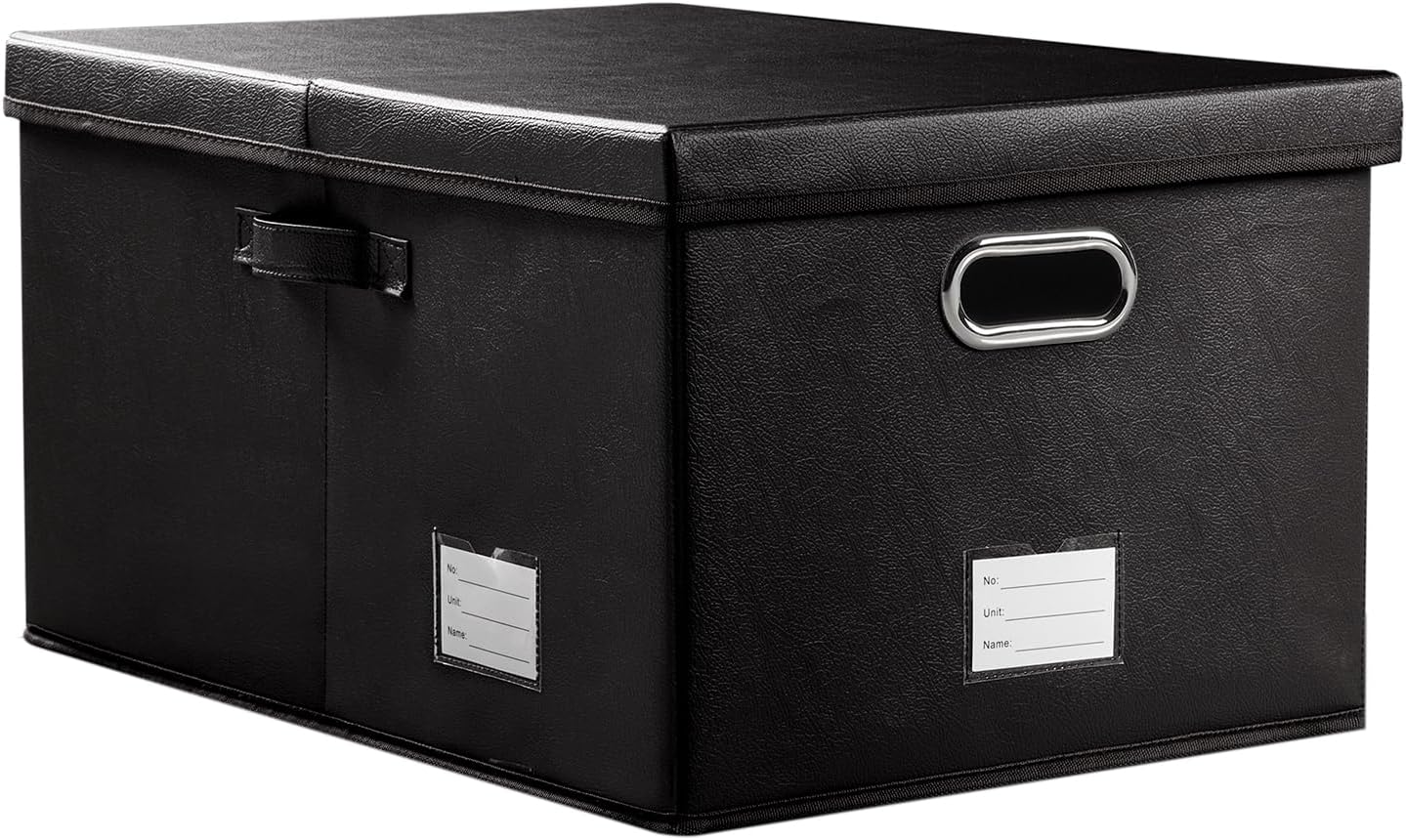 Collapsible Storage Box with Lid [1-Pack] Leather Fabric Foldable Storage Bin Organizer Container Basket Cube with Cover for Home Bedroom Closet Office Nursery Black (22.8X15.7X11.8)