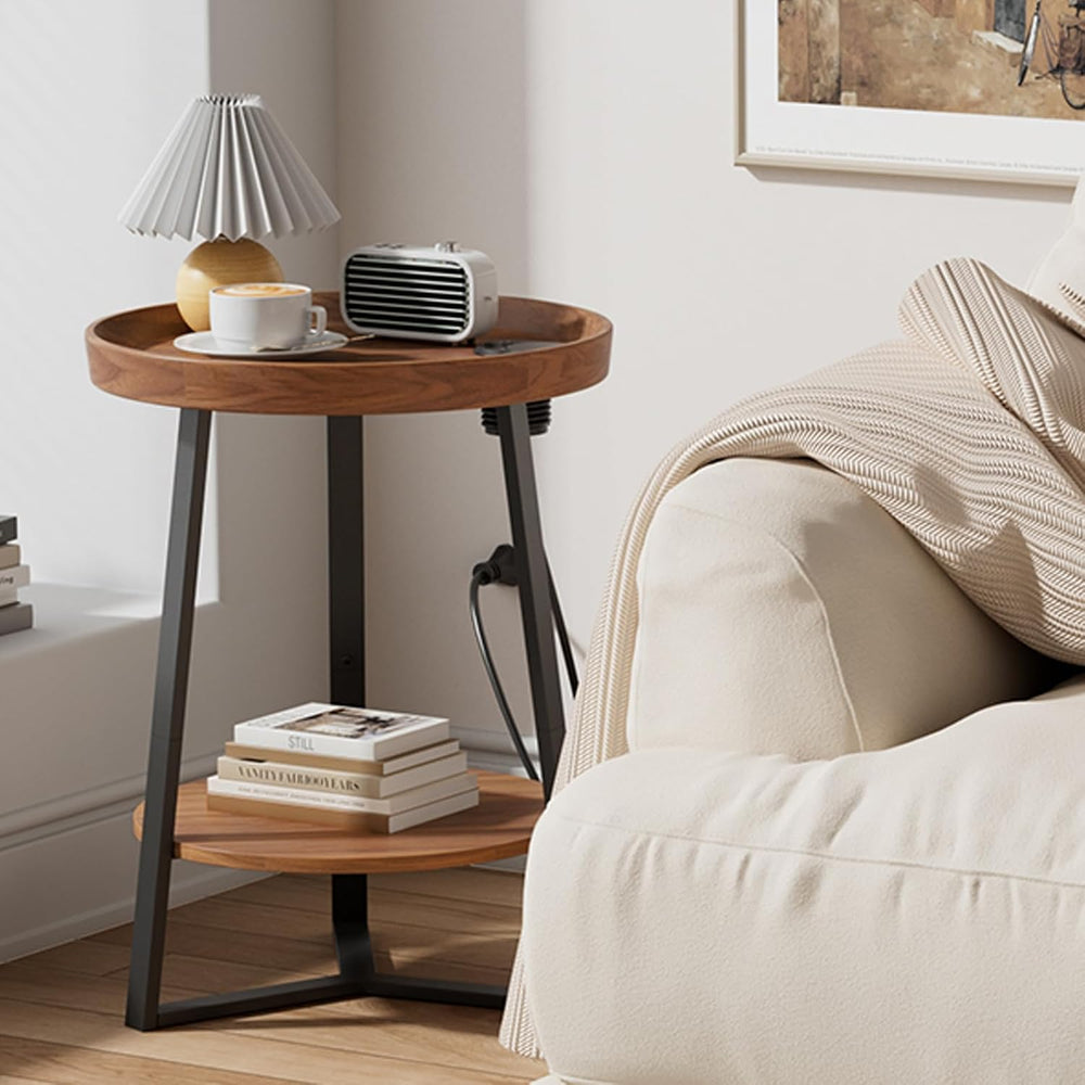 Gadroad Round End Table with Charging Station, Wood Tabletop & Black Meta...