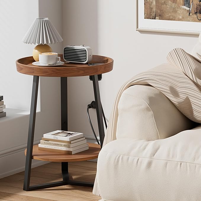 Gadroad Round End Table with Charging Station, USB Ports, Wood Tabletop &...