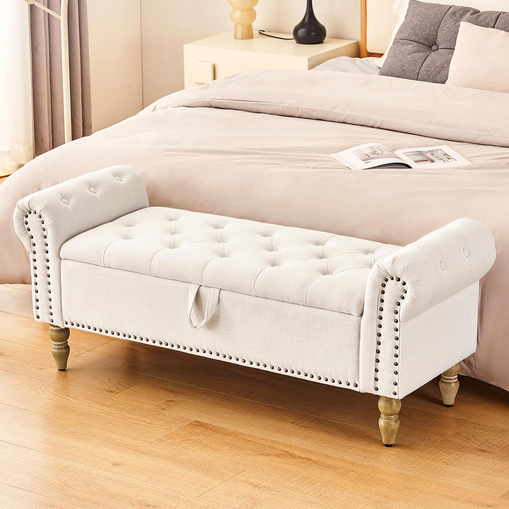 Furnimart Storage Bedroom Bench for End of Bed, Faux Linen Upholstered Storag...