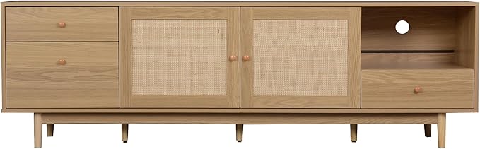 Ball & Cast 76" Boho TV Stand for TVs up to 85", Media Console with Real Rattan Doors, Open Shelf, 3 Drawers & 2 Cabinets, Natural Wood Grain Entertainment Center w/Solid Wood Legs for Living Room