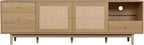 Ball & Cast 76" Boho TV Stand for TVs up to 85", Media Console with Real Rattan Doors, Open Shelf, 3 Drawers & 2 Cabinets, Natural Wood Grain Entertainment Center w/Solid Wood Legs for Living Room