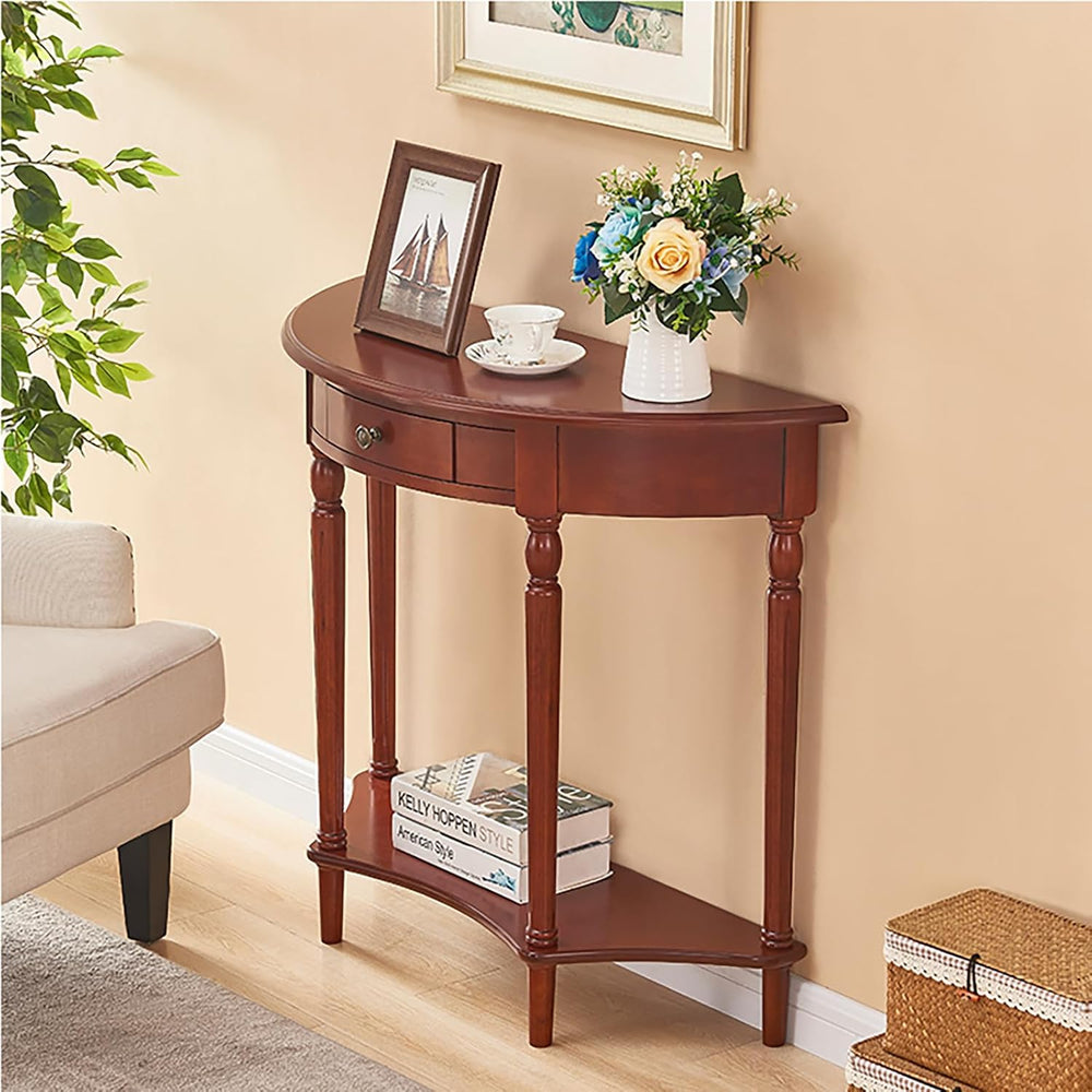Solid Wood Console Table with Drawer and Shelf,Half Moon Porch Table,Semi Cir...