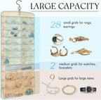 2 Pack Hanging Jewelry Organizer Storage with 39 Pockets, 30 Necklace Hooks Double Sided Wall Mount Earring Holder Organizer Bracelet Necklace Jewelry Display Hanger for Closet Door (Blue)