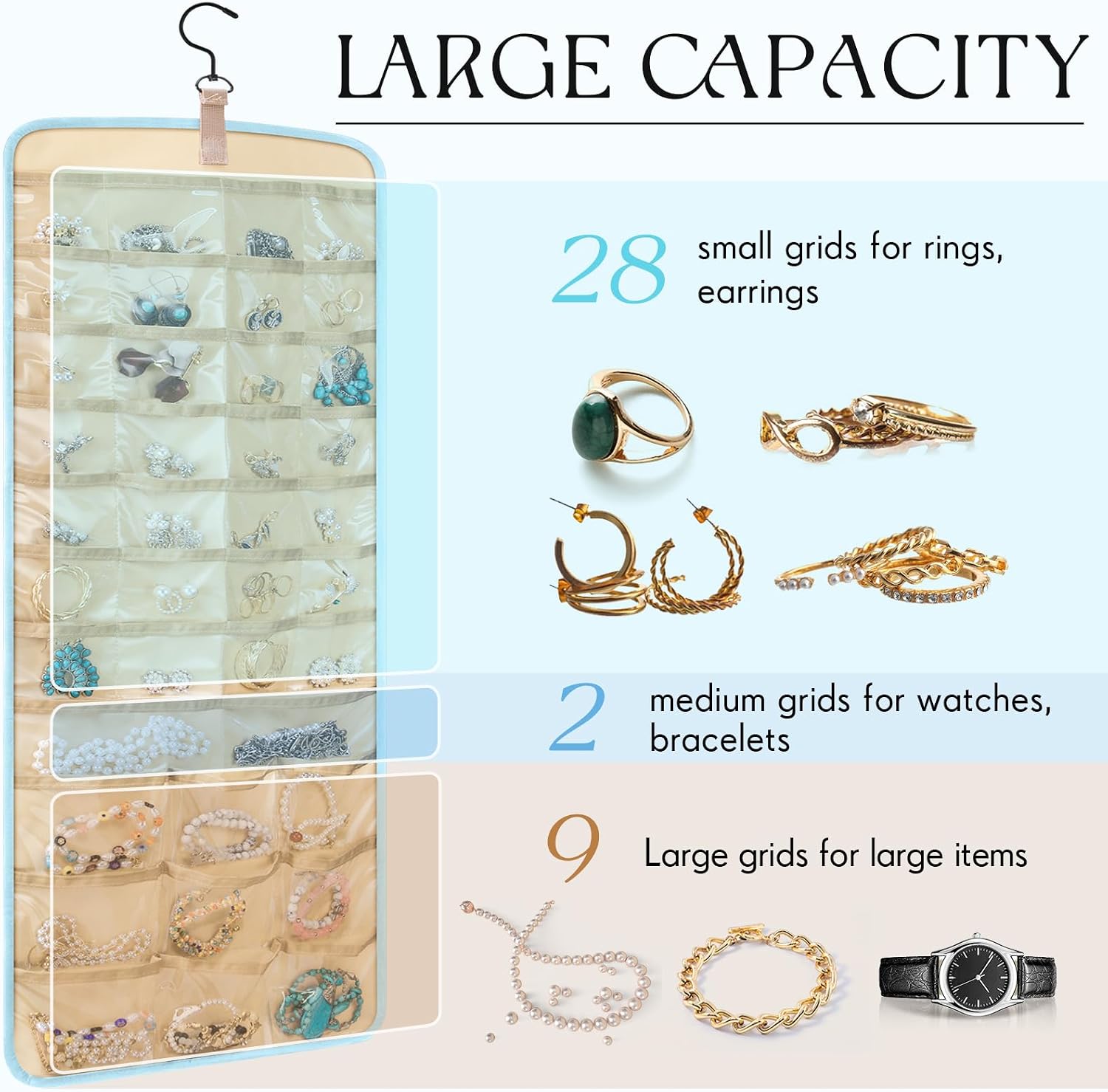 2 Pack Hanging Jewelry Organizer Storage with 39 Pockets, 30 Necklace Hooks Double Sided Wall Mount Earring Holder Organizer Bracelet Necklace Jewelry Display Hanger for Closet Door (Blue)