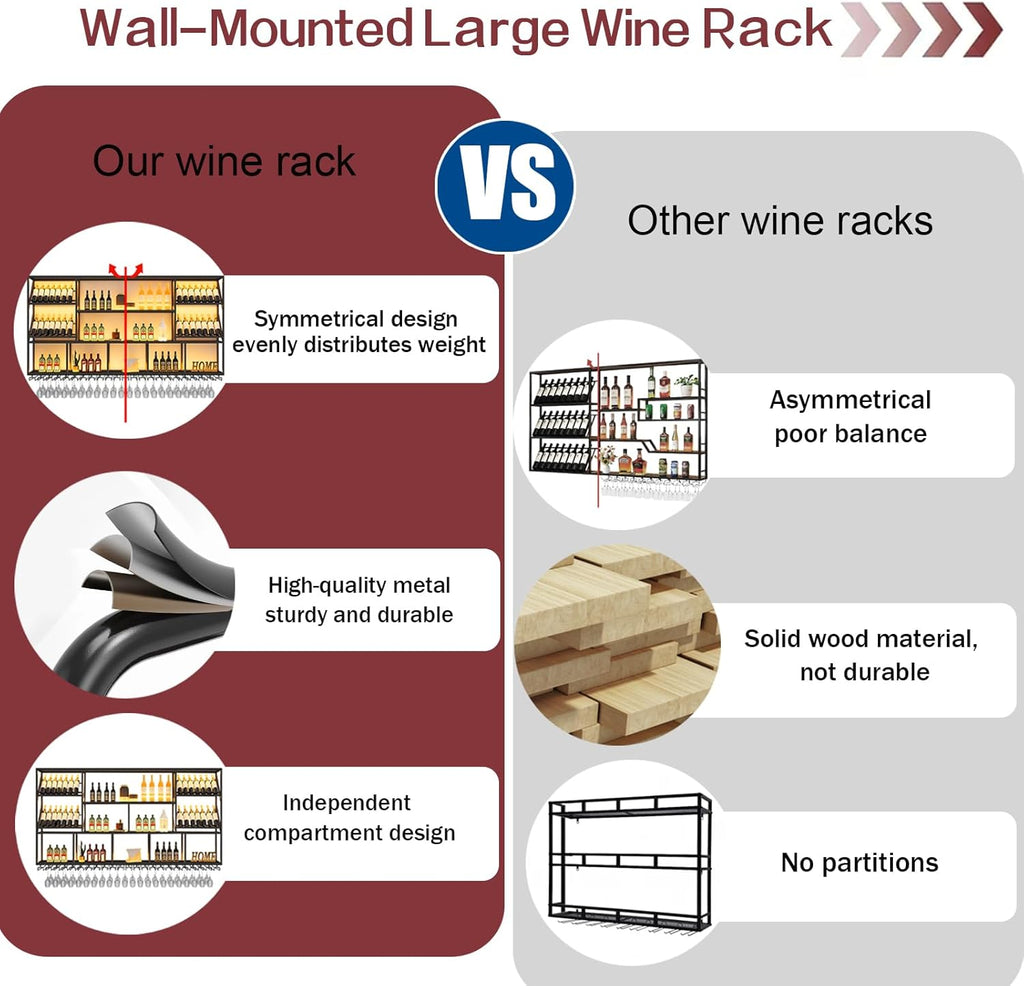 3 Tier Large Wine Rack Wall Mounted with Glass Holder, Black Modern Iron Liquor Shelf, 78.7 Inch Large Wine Bottle Display Shelf, for Kitchen Dining, Home Bar, Cellar (78.7" W)