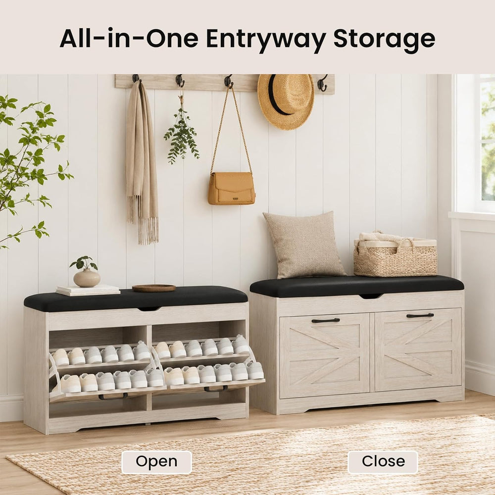 39" Shoe Storage Bench with Seat Cushion, Wood, Ash White | 8-Pair Shoe ...