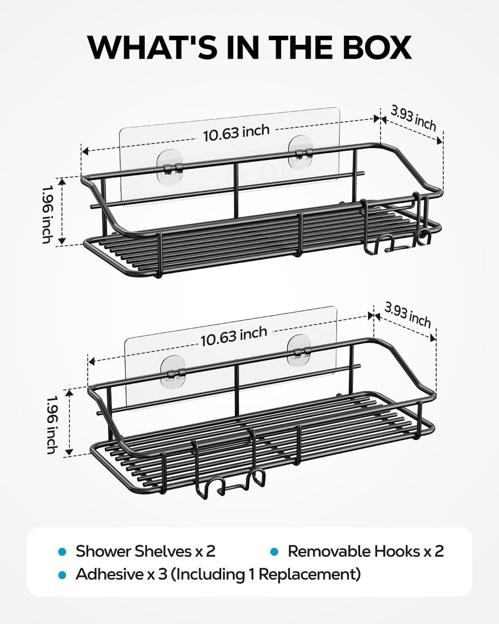 Nieifi Shower Caddy Shelf with Hooks Storage Rack Organizer Adhesive Stainless Steel Without Drilling for Bathroom, Lavatory, Washroom, Restroom, Shower, Toilet, Kitchen - 2 Pack (Black)