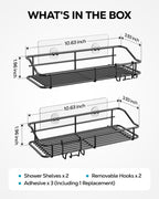 Nieifi Shower Caddy Shelf with Hooks Storage Rack Organizer Adhesive Stainless Steel Without Drilling for Bathroom, Lavatory, Washroom, Restroom, Shower, Toilet, Kitchen - 2 Pack (Black)