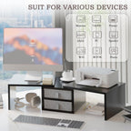 TEAMIX Dual Monitor Stand Riser with 2 Drawers-Length and Angle Adjustable 3 shelf Monitor Riser with Storage Desk Organizer Large Computer Monitor Stand for 2 Monitors/Laptop/PC,Wood Screen/TV Stand