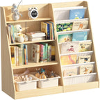 4 Tier Kids Bookshelf Baby Toddler Book Rack Children Bookcase Toy Storage Organizer with 6 Sling Adjustable Shelf for Nursery Playroom Classroom Library Bedroom Natural Wood