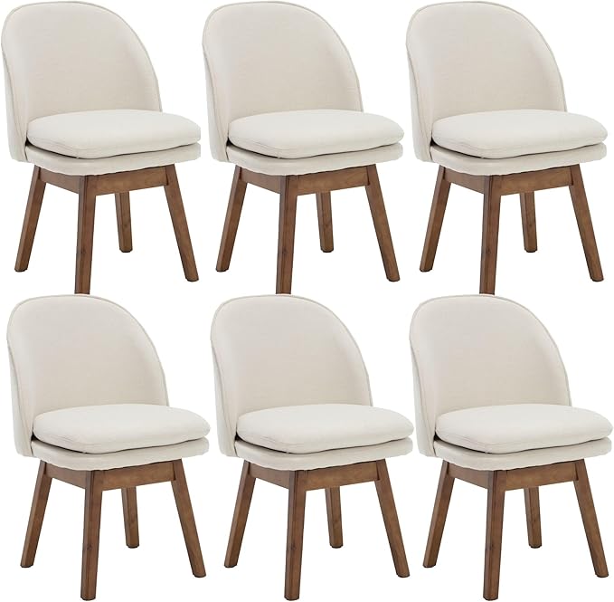 Wahson Upholstered Dining Chairs Set of 6, Modern Linen Fabric Dining Room Chairs with Solid Wood Legs & Double-Padded Seat, Swivel Accent Desk Chair for Kitchen Dining Room Restaurant - Beige