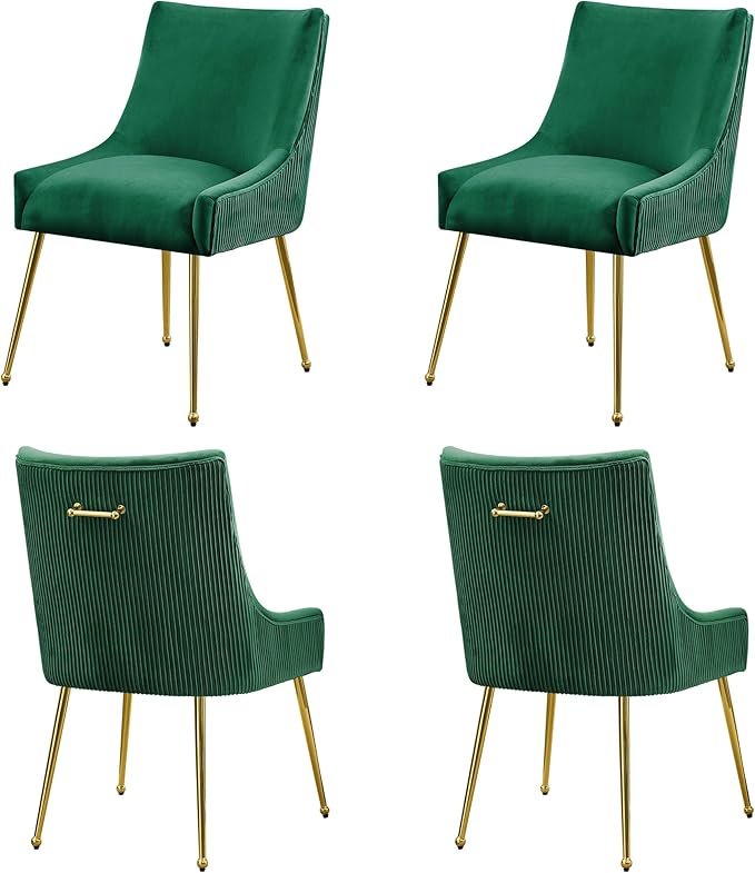 Velvet Dining Chairs Set of 4 Gold Legs,Upholstered Velvet Accent Chairs, Pleated Back Design & Gold Pull Handle, Mid Century Modern Chairs for Dining/Kitchen/Living Room,Green