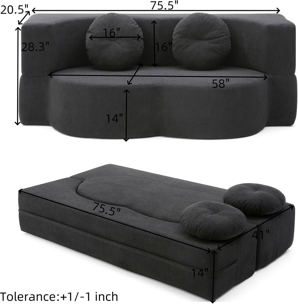 75" Convertible Folding Sofa Bed, 2-in-1 Full Size Floor Boneless Couch Bed, Loveseat sleeper Couch, Memory Foam Floor Sofa Sleeper SofaBed, Small couches for small spaces, No Assembly (Black)
