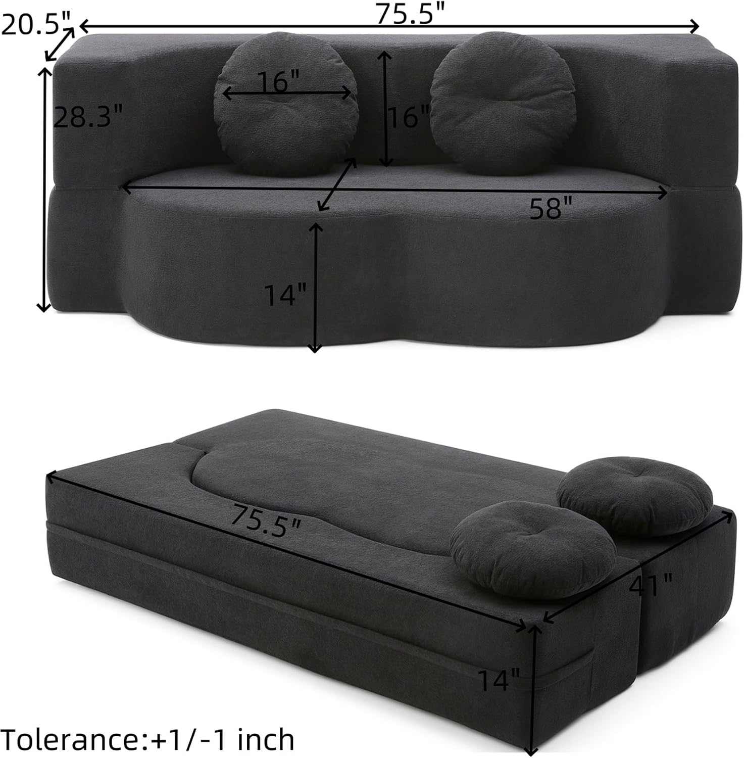 75" Convertible Folding Sofa Bed, 2-in-1 Full Size Floor Boneless Couch Bed, Loveseat sleeper Couch, Memory Foam Floor Sofa Sleeper SofaBed, Small couches for small spaces, No Assembly (Black)